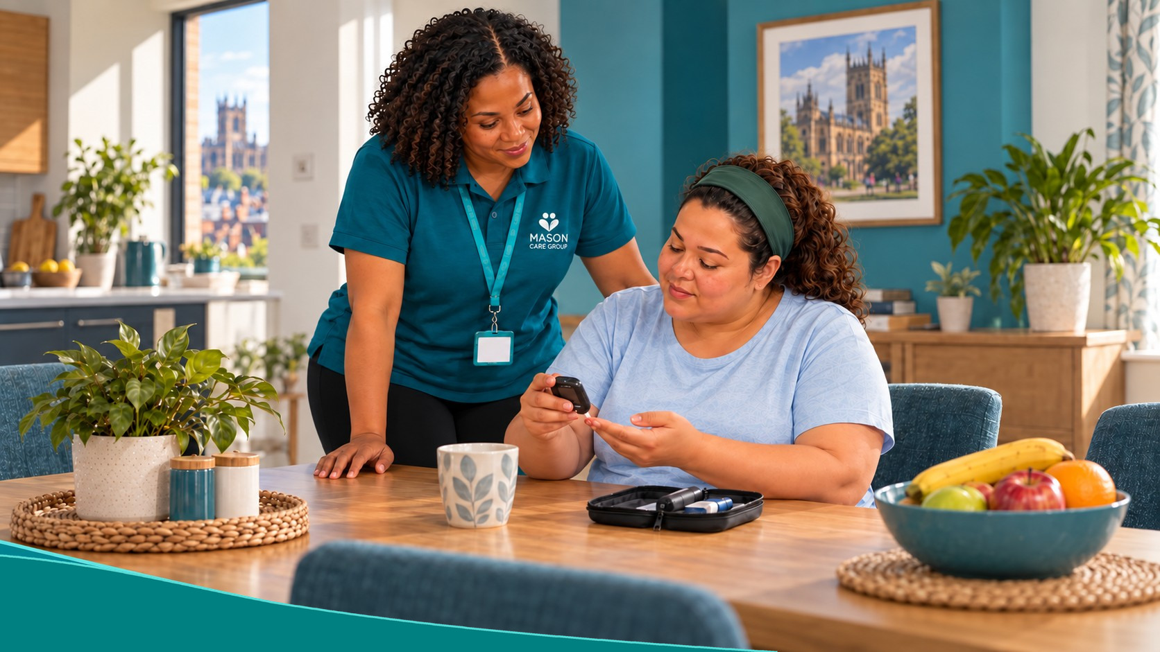 A supported person checks her glucose monitor herself while Kemi supervises nearby.
