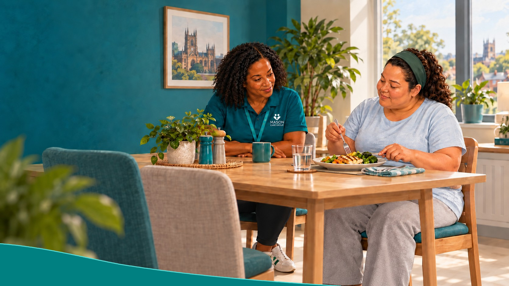 Kemi sits beside a supported person eating independently at a dining table.
