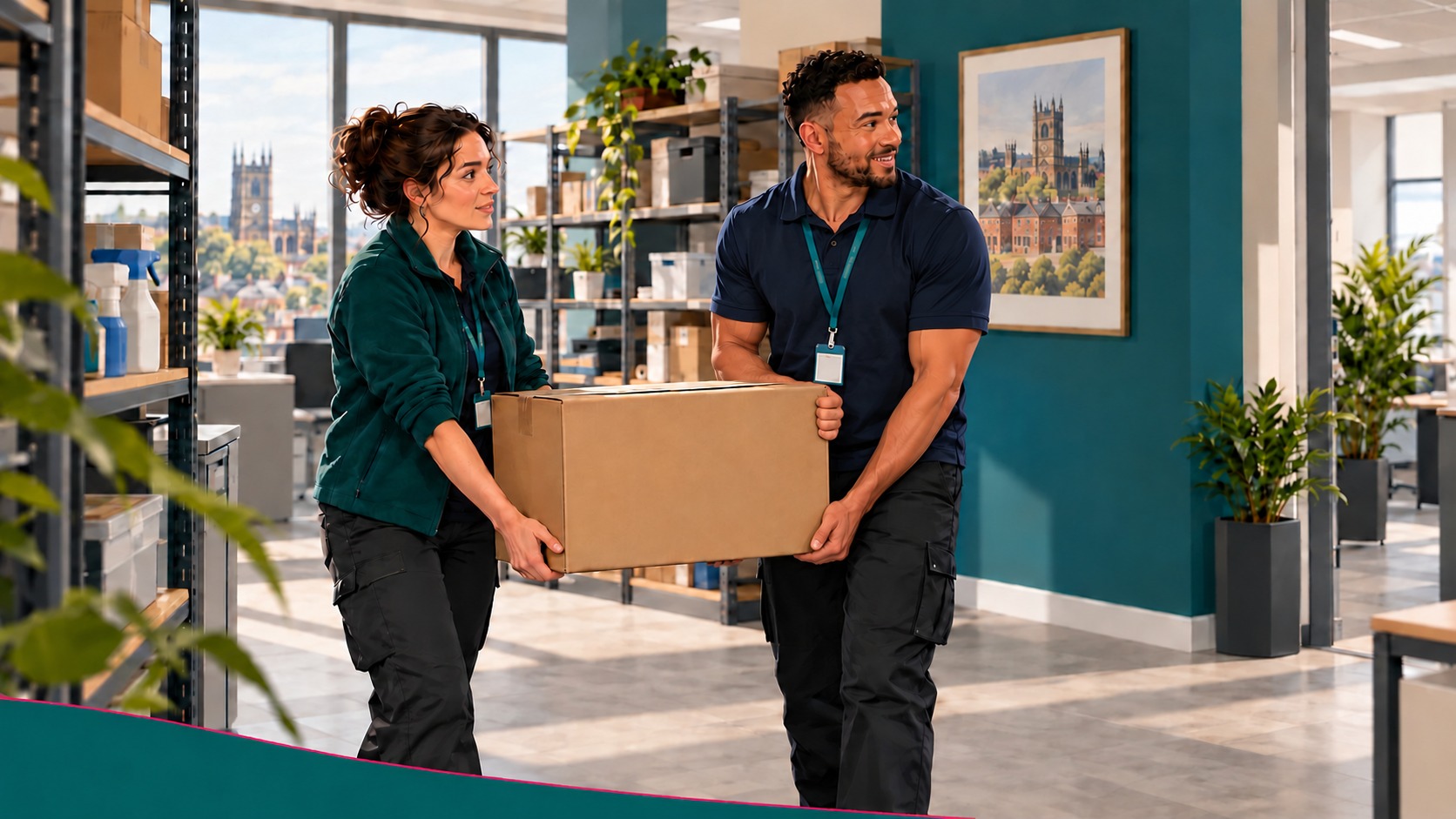 Two colleagues use both hands to carry a box together in a workplace.