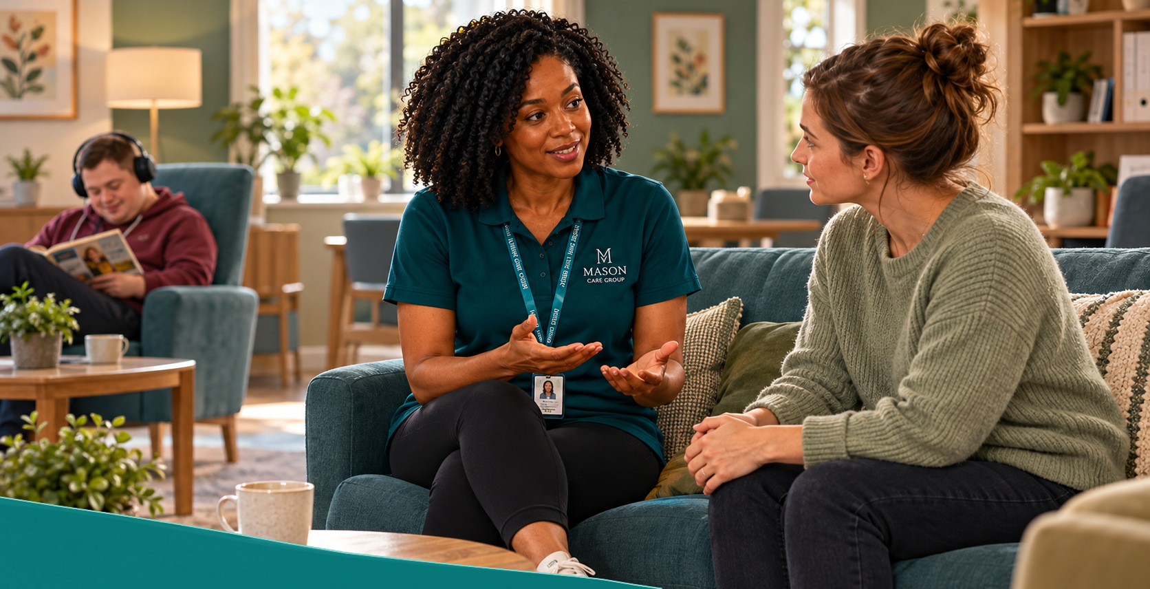 Kemi discusses dignity and care values with a new colleague in a supported-living lounge.
