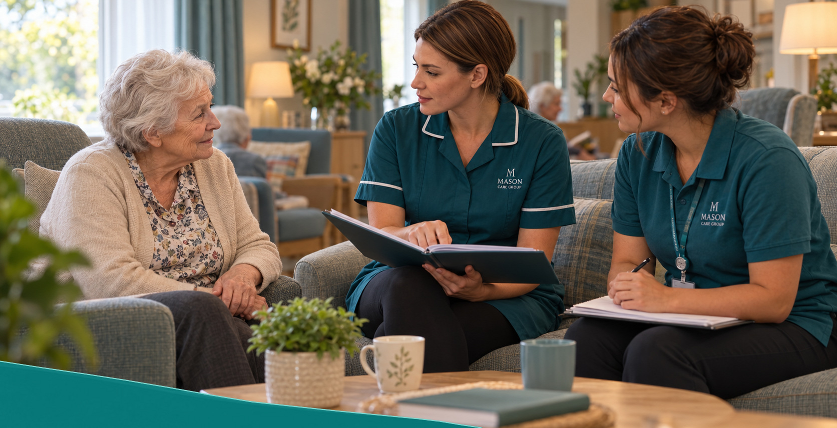 Kayleigh reviews a care plan with an older resident in a residential-care lounge.