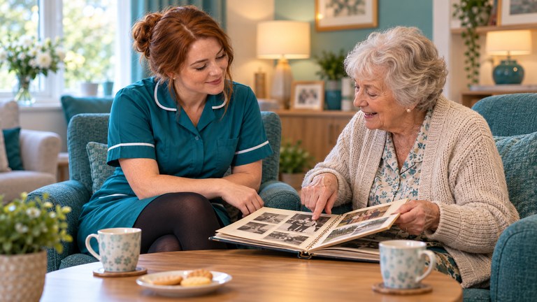 Kayleigh and an older resident look through a family photo album together in a residential care lounge.