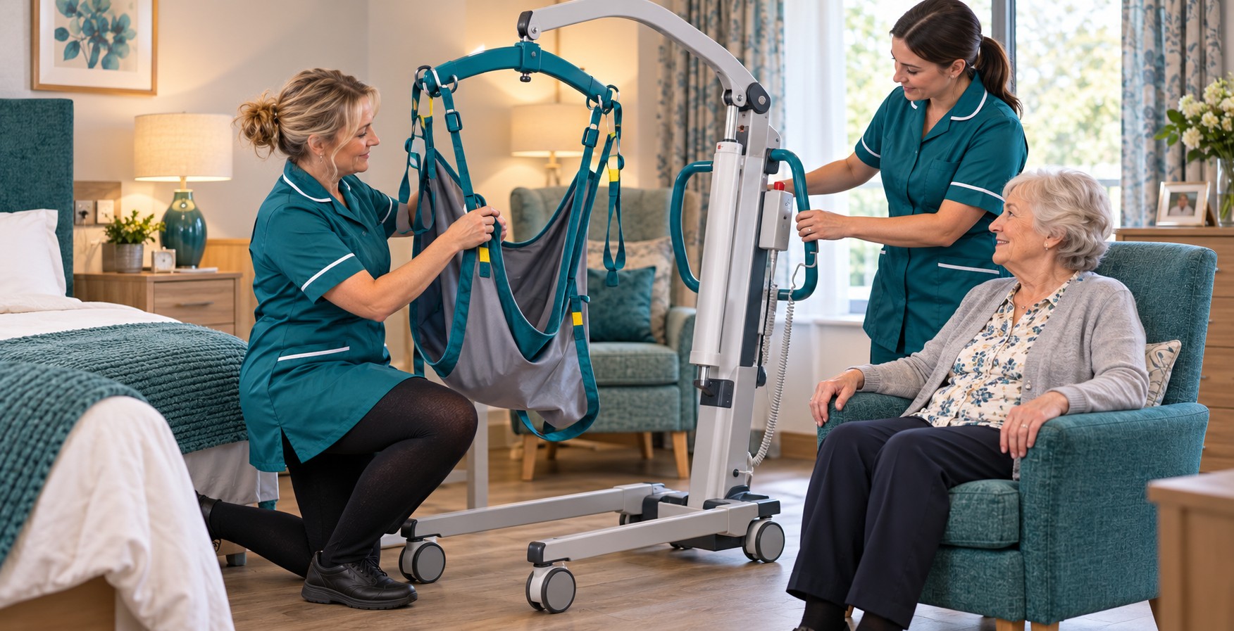 Kayleigh and a colleague check a mobile hoist and sling beside an older resident in a care room.