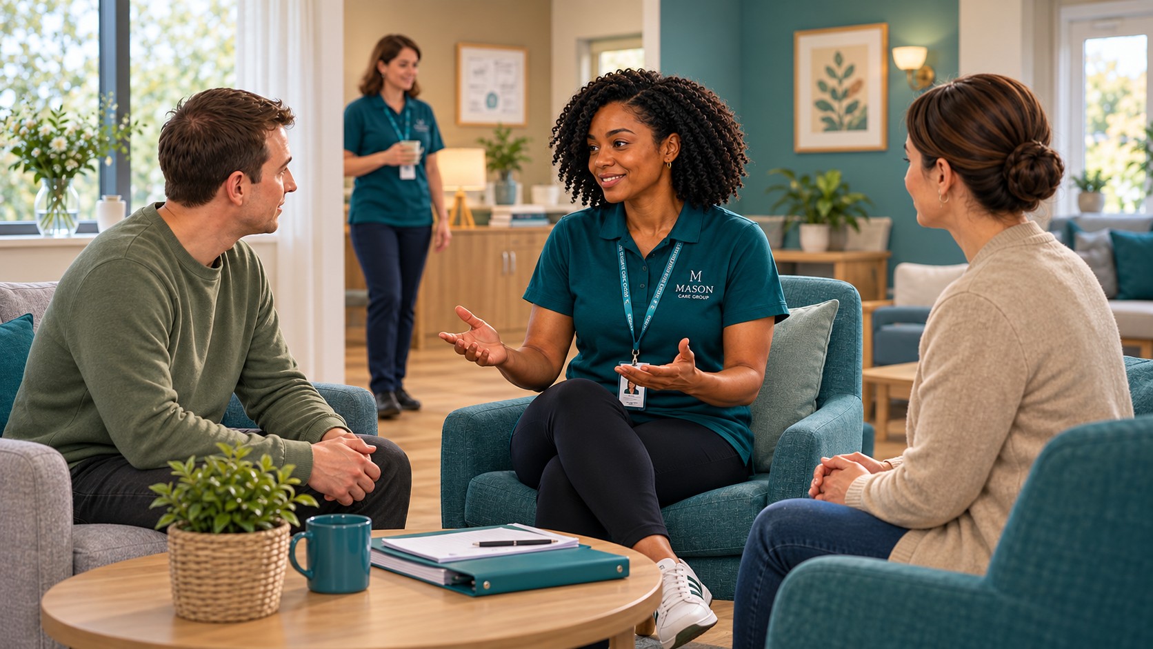 Kemi discusses UK adult care practice with a new colleague in a supported-living lounge.