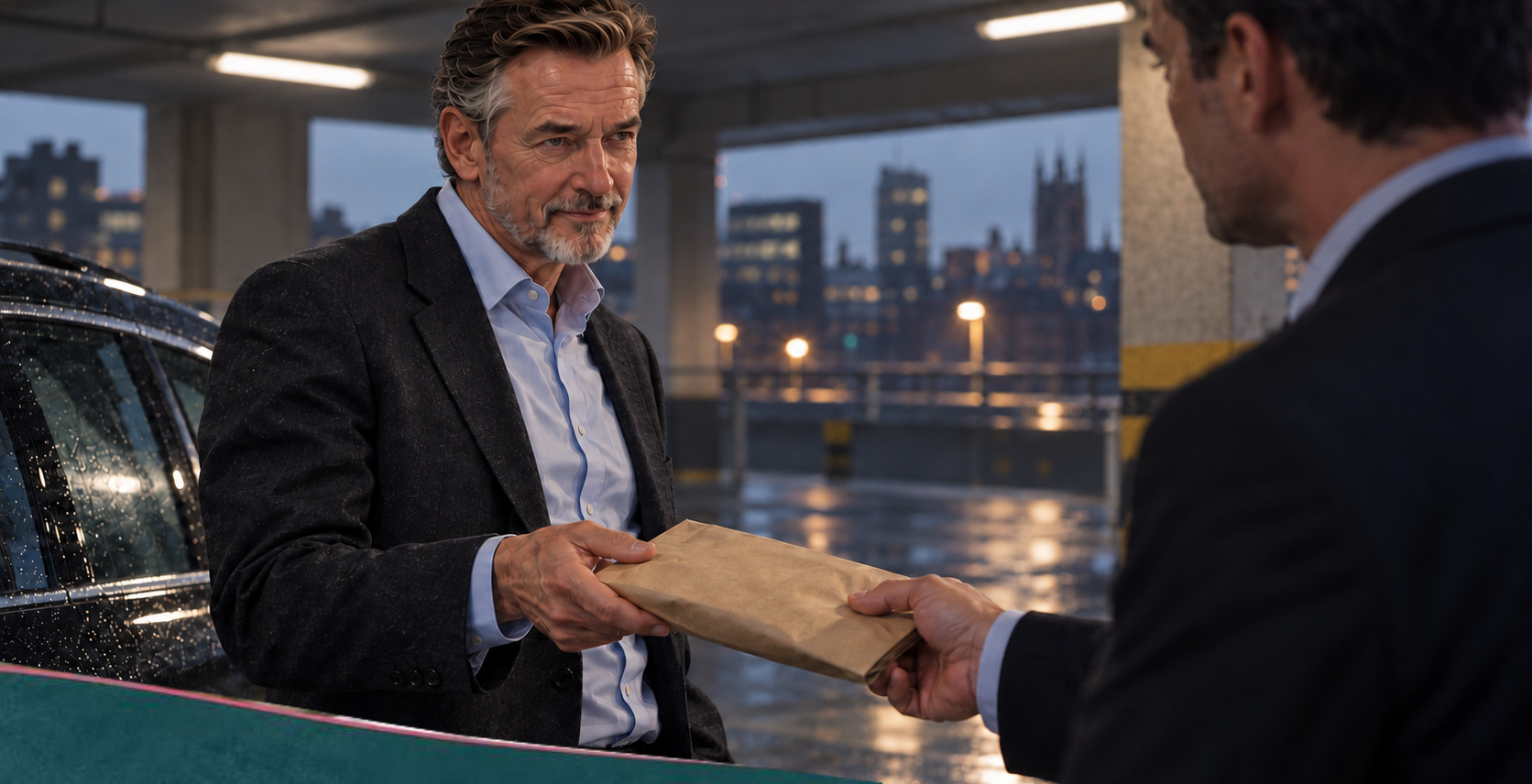 Ian looks toward a person passing him a thick brown envelope in a dim car park.