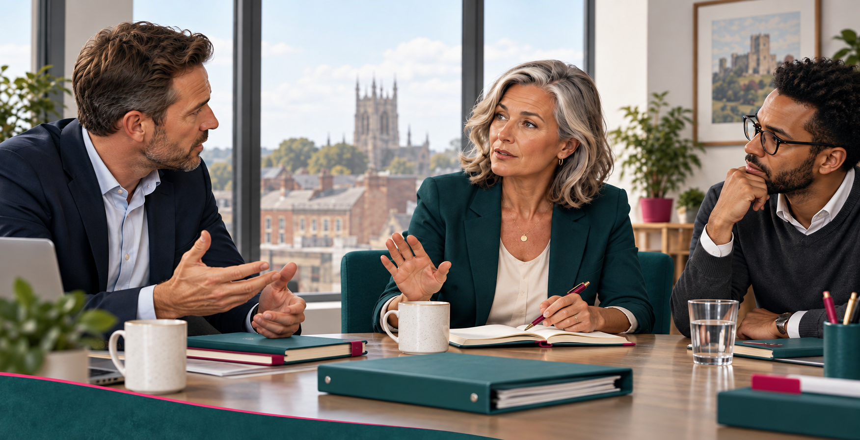 Clare discusses an ethical workplace decision with two colleagues at Mason HQ.