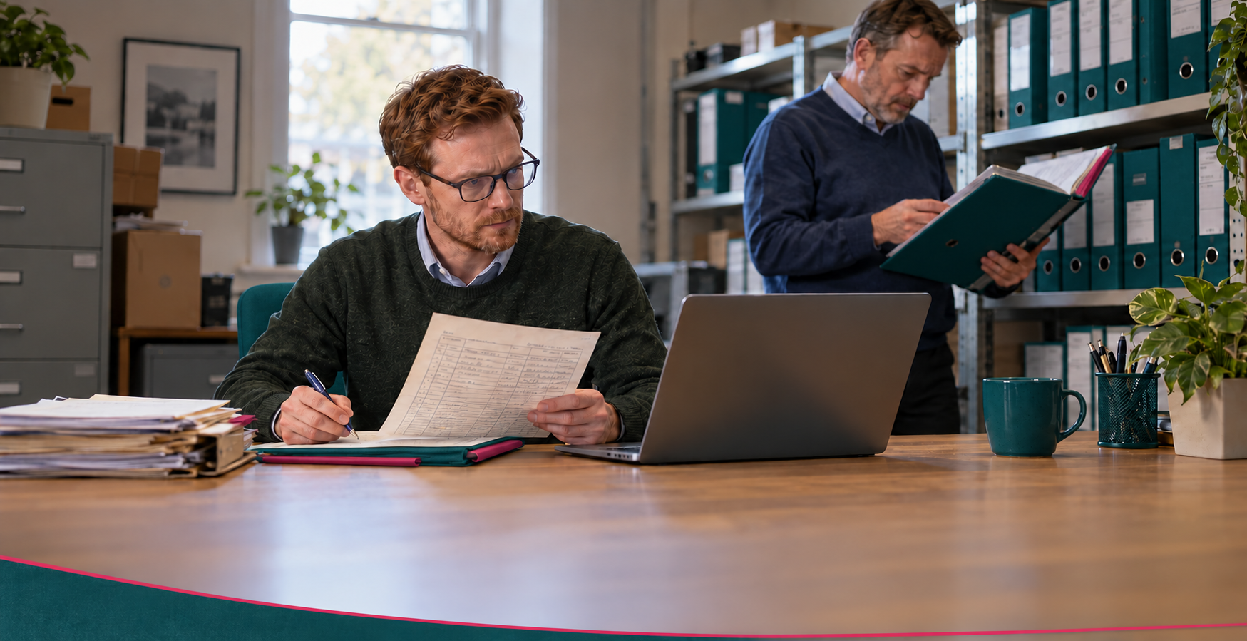 Two colleagues verify workplace compliance records in a teal-accented office archive.