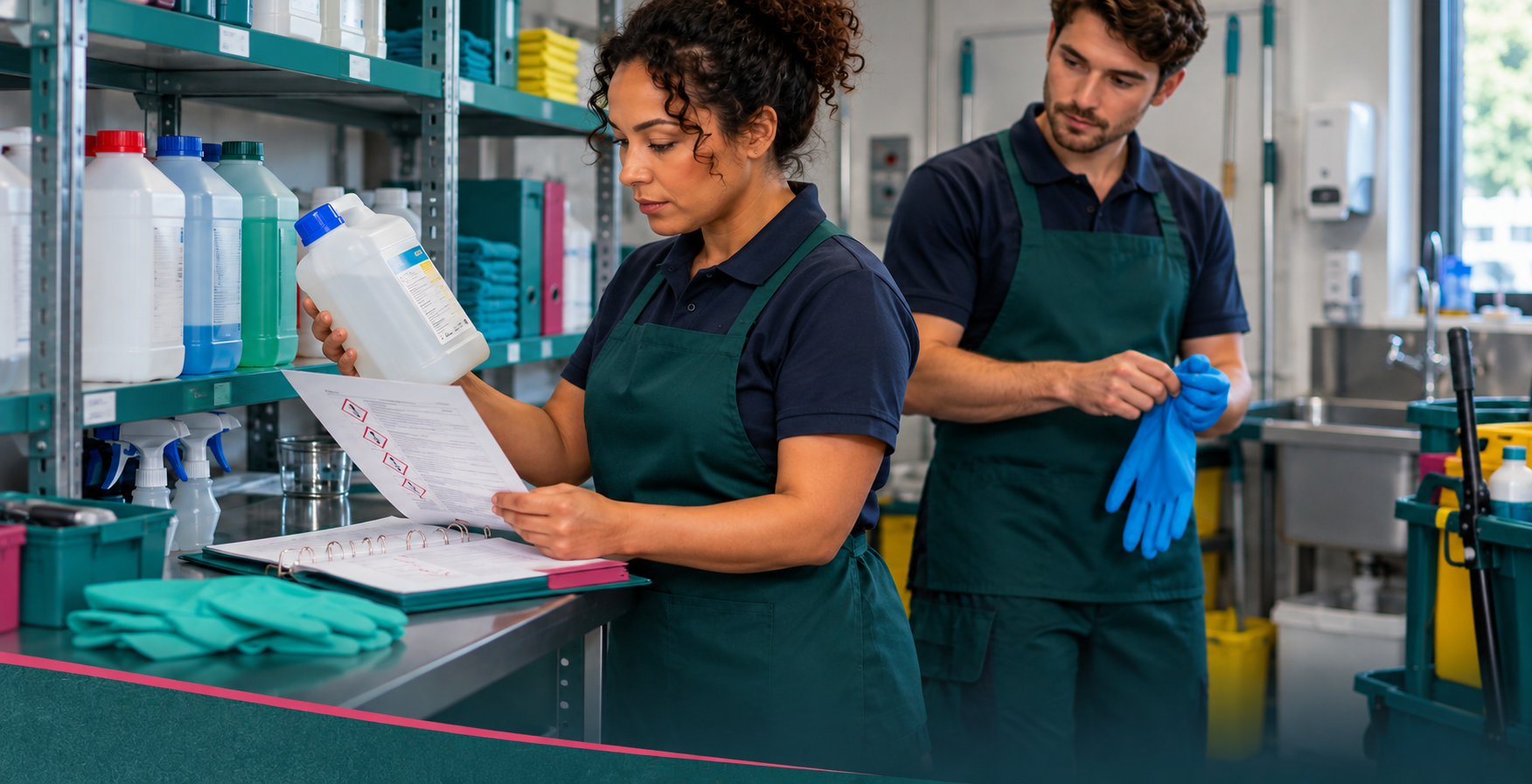 A worker checks a chemical product and safety information before selecting protective gloves.