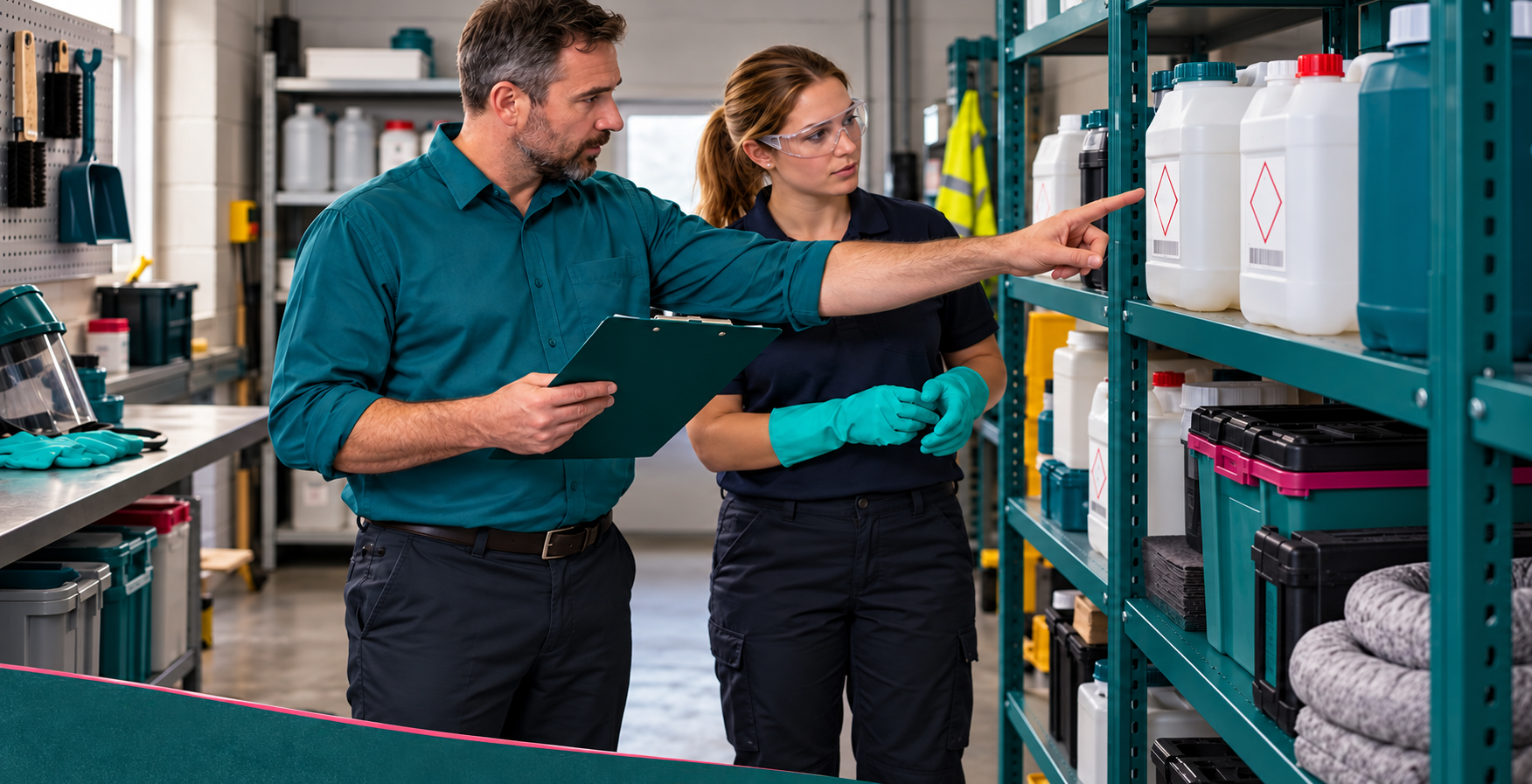 A supervisor and colleague review chemical controls beside teal storage equipment in a workplace storeroom.