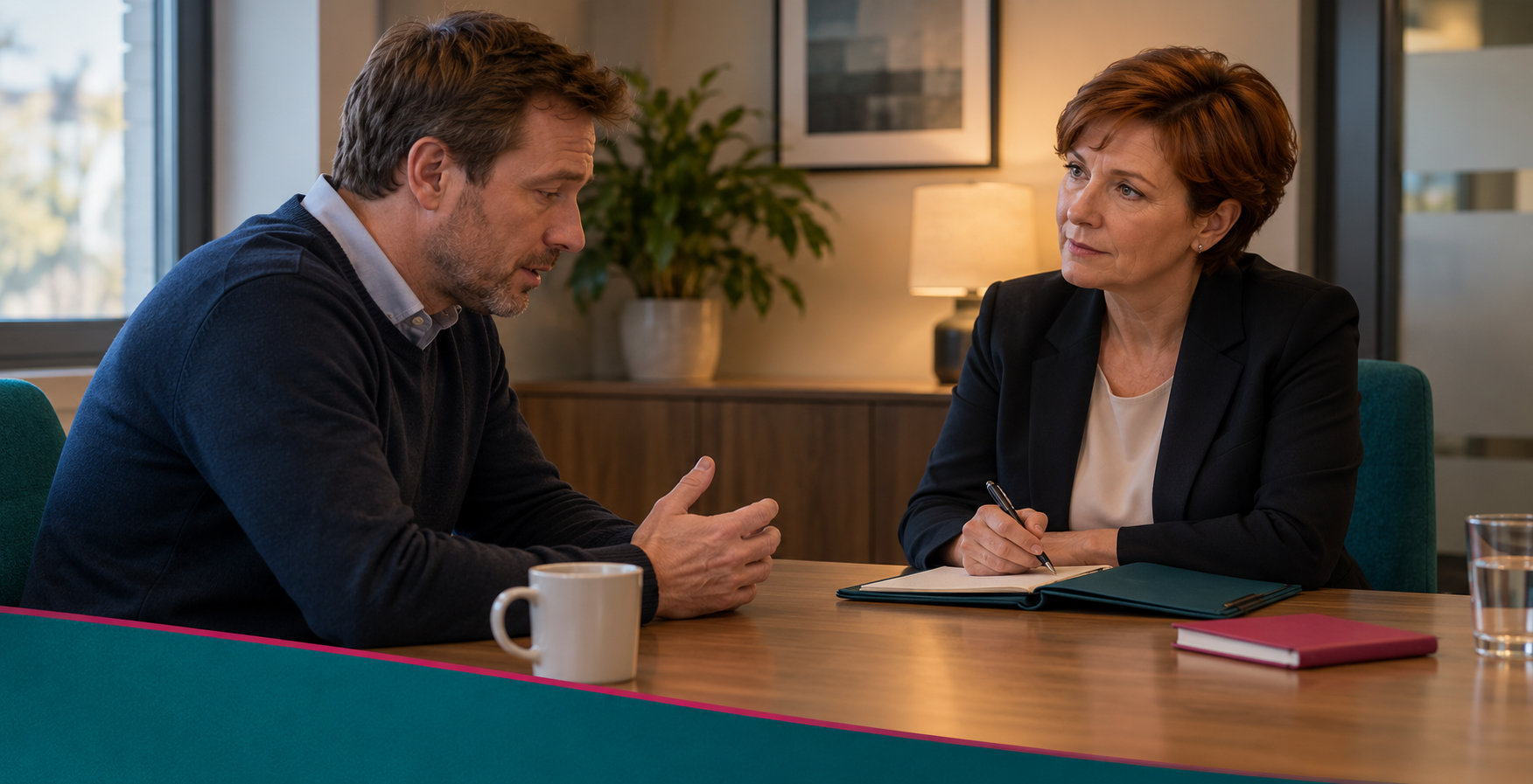 A worker speaks privately with an HR colleague about a concern in a workplace meeting room.