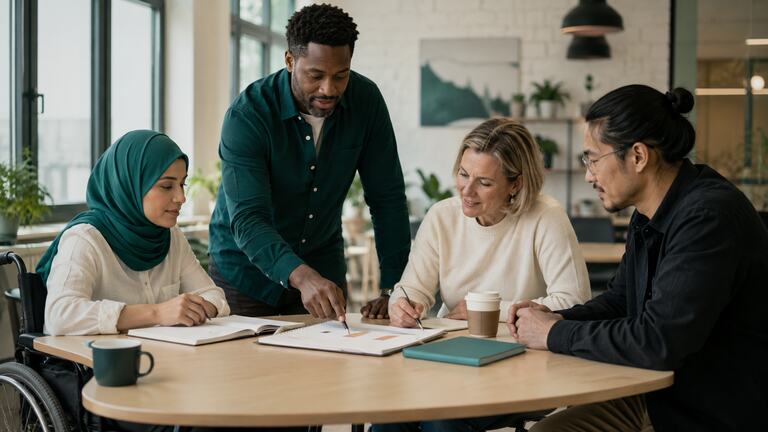 A diverse group of colleagues discussing inclusion at work.