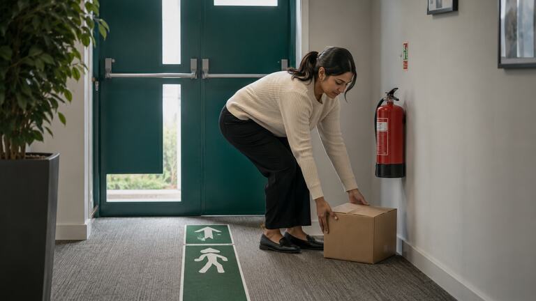 Colleagues reviewing fire safety in a workplace.