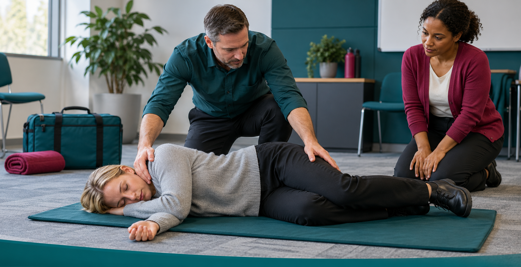 Workplace first aid training scene with a colleague on a floor mat, an instructor beside her and another colleague observing.