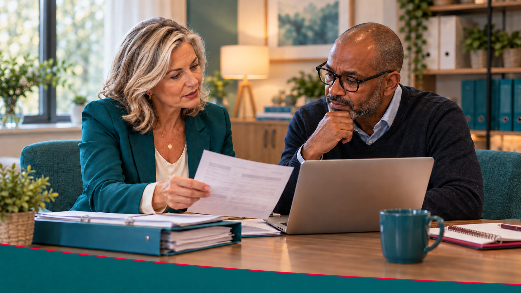 Clare and Howard review a suspicious invoice and payment information together at Mason HQ.