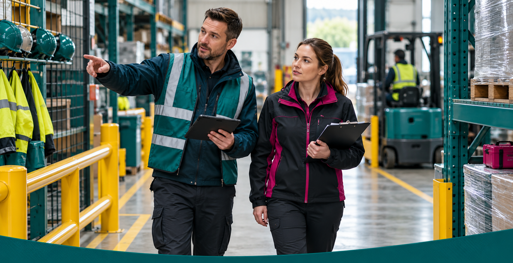 Warehouse supervisor and colleague inspect protective equipment and a marked safe walkway.