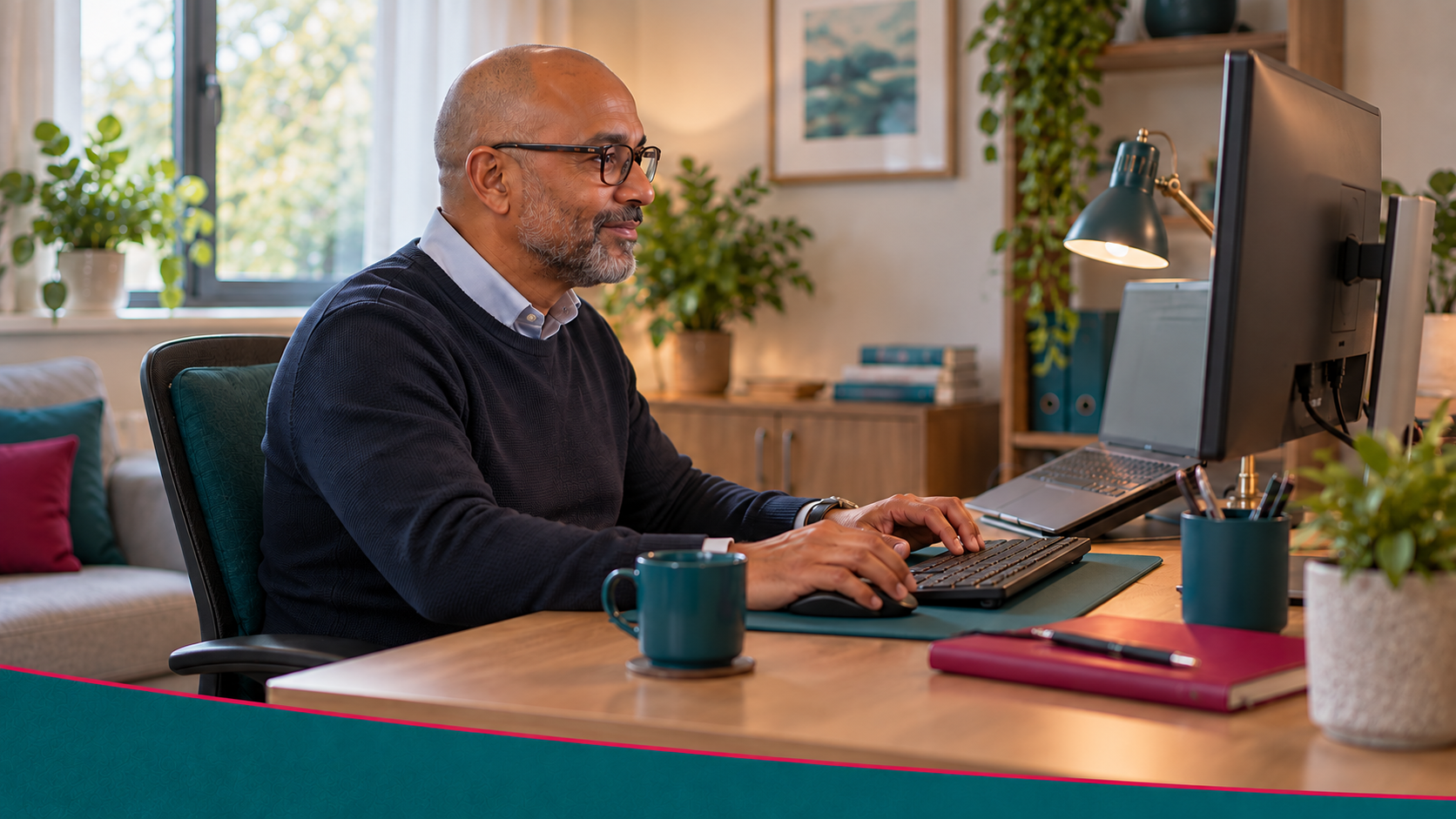 Howard works at an ergonomic home desk with an external monitor, laptop, keyboard and task light.