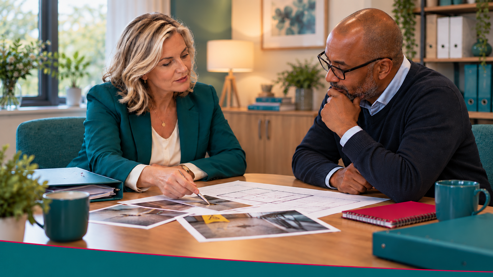Clare and Howard review an incident plan and evidence photographs together at Mason HQ.