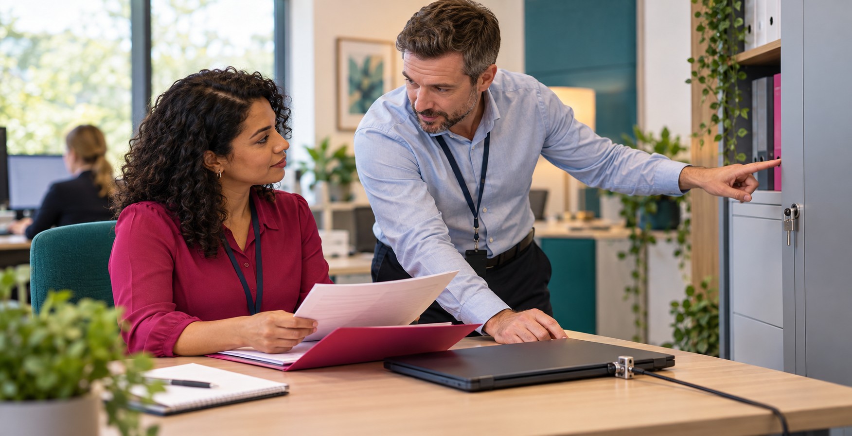 Two colleagues review a confidential file beside a secured laptop and locked office storage.