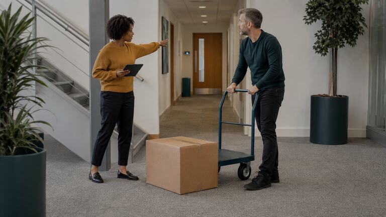 Workplace colleagues demonstrating safe manual handling.
