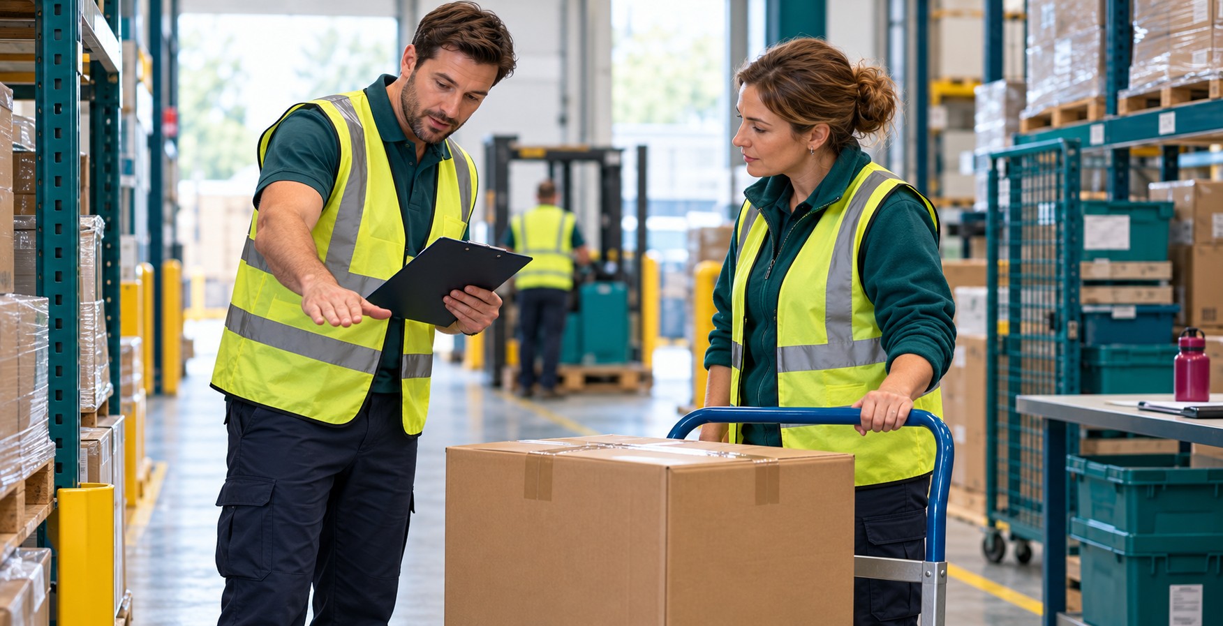 Two warehouse colleagues assess a boxed load and trolley route before moving it.