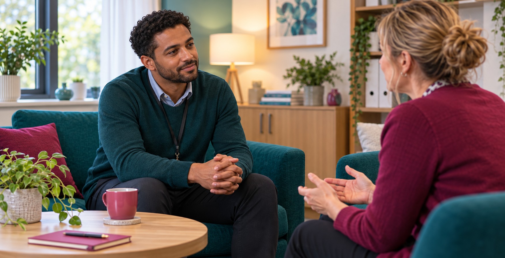 Two colleagues talk privately in a calm office seating area, with one listening attentively.