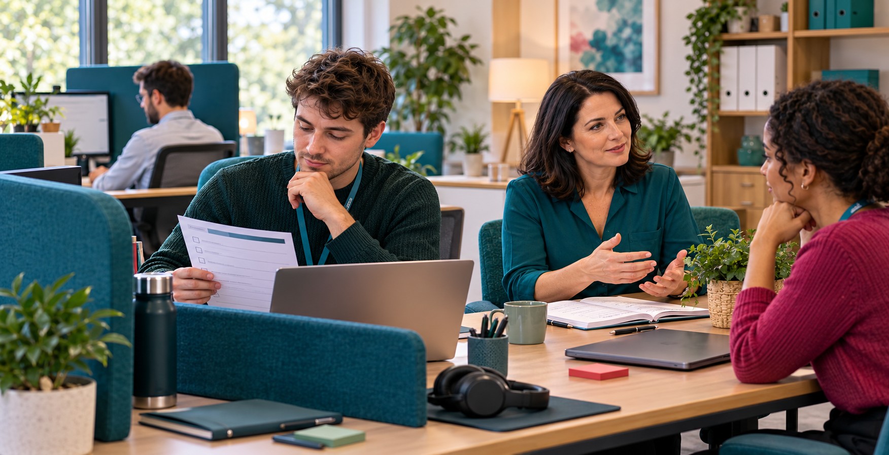 Colleagues discuss practical workplace adjustments beside a quieter desk and a written agenda.