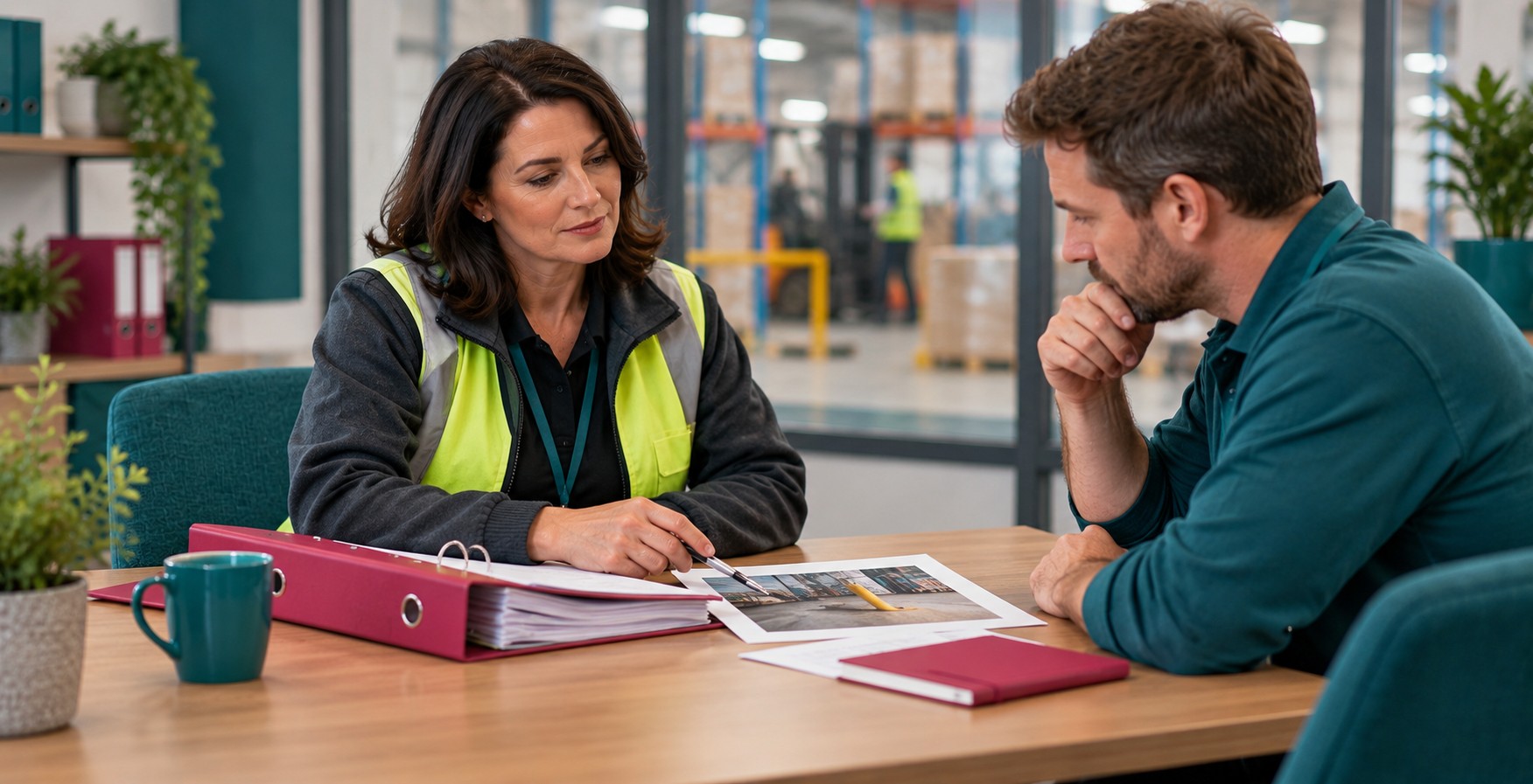A safety lead and colleague review an incident record and site photograph in a warehouse office.