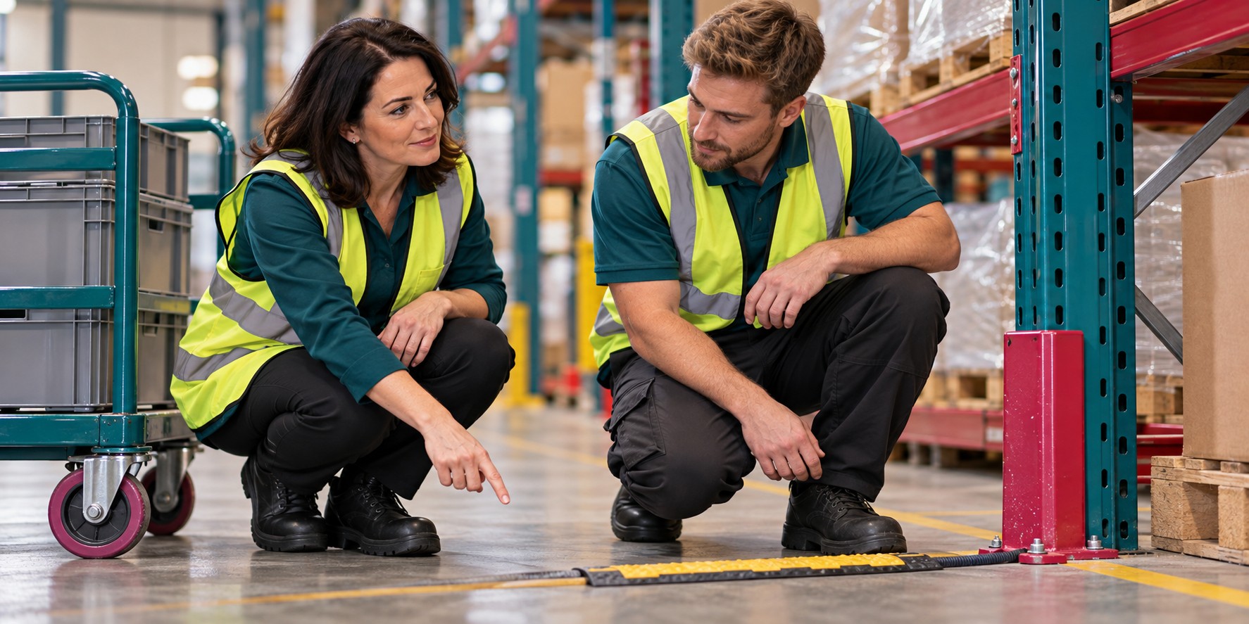 Two warehouse colleagues inspect a walkway hazard and discuss practical controls.