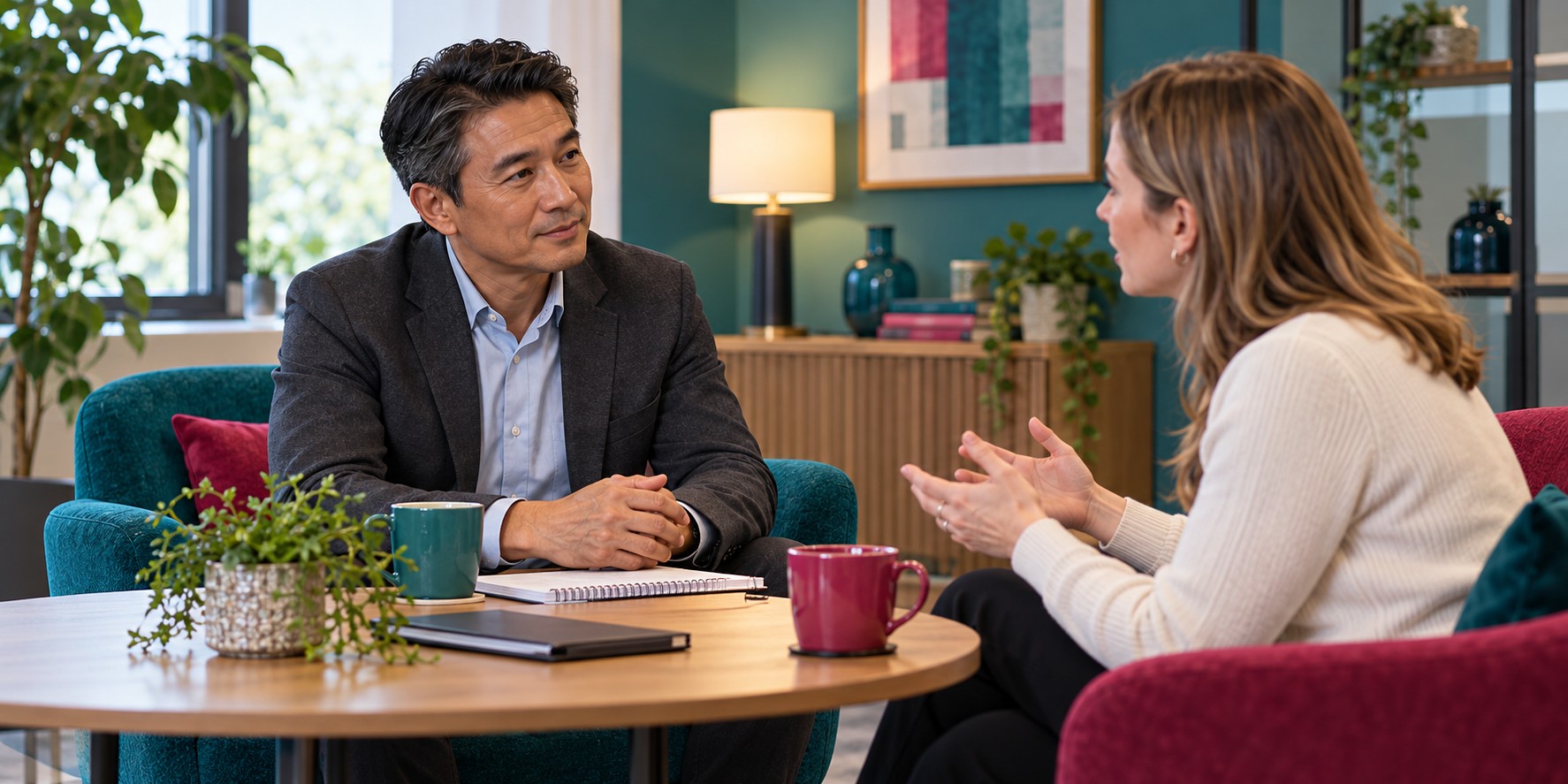 A colleague listens to a coworker raising a concern in a private office.