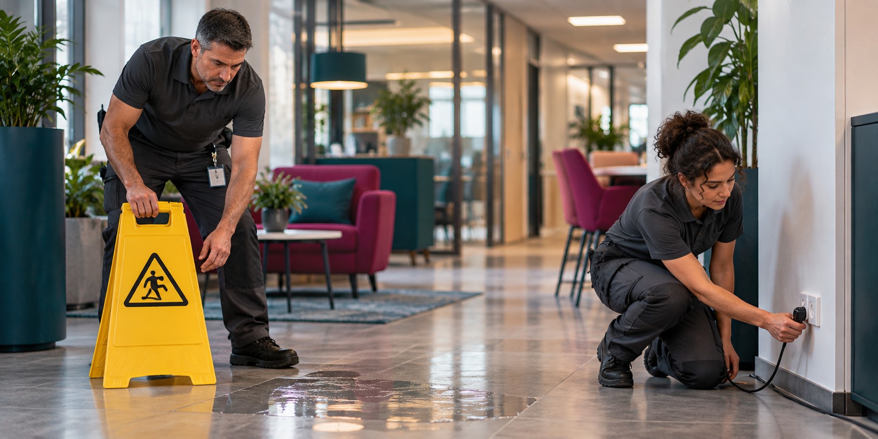 Facilities workers mark a wet floor and unplug a loose cable in an office corridor.