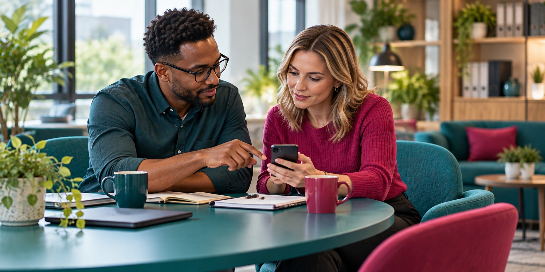 Two office colleagues review a smartphone together at a teal table.