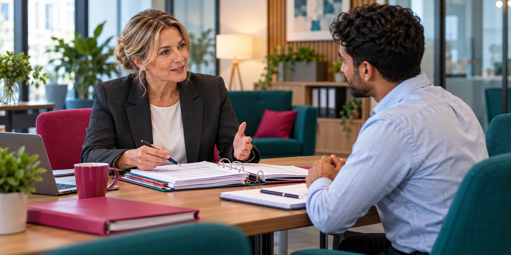 A supervisor reviews compliance records and expectations with a colleague.