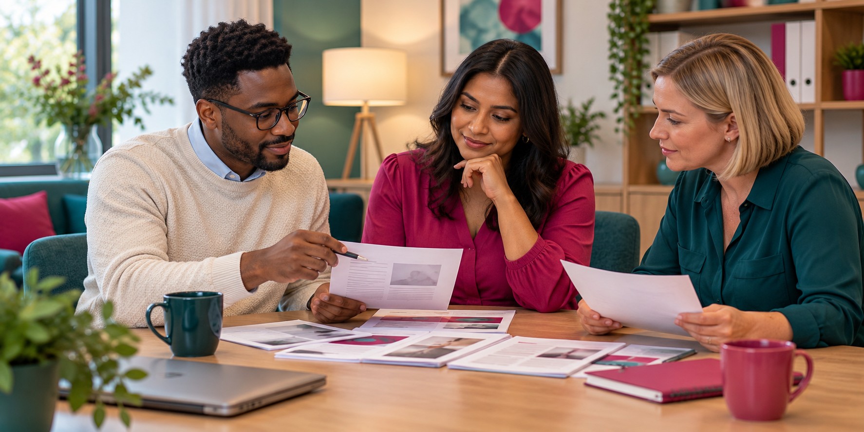 Three colleagues review work samples together while considering a fair decision.
