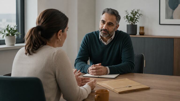 Colleagues discussing how to speak up about a workplace concern.