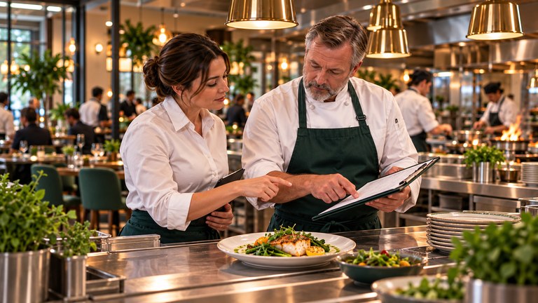 Chef Trevor and Chloe check an allergen information sheet at the service pass in Mason’s Riverside kitchen.