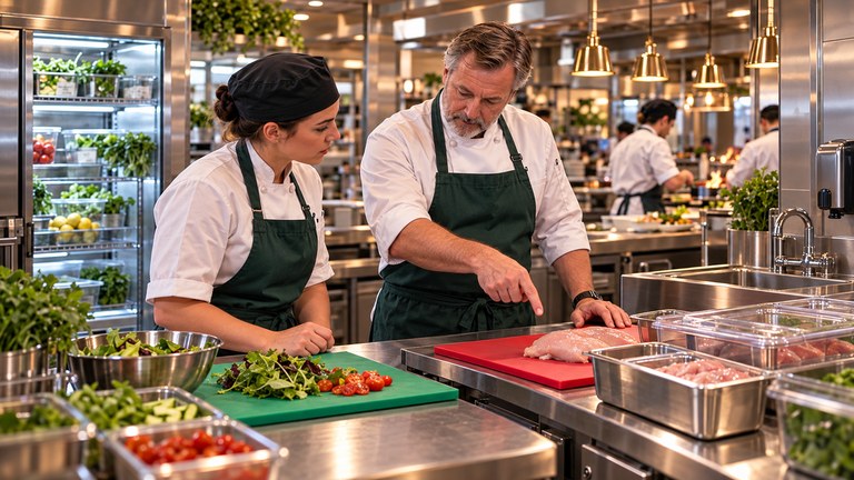 Chef Trevor shows a colleague separate raw poultry and ready-to-eat preparation stations in Mason’s Riverside kitchen.