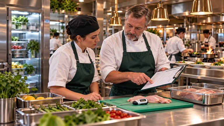 Chef Trevor and a colleague review a food safety control sheet beside a probe thermometer in Mason’s Riverside kitchen.