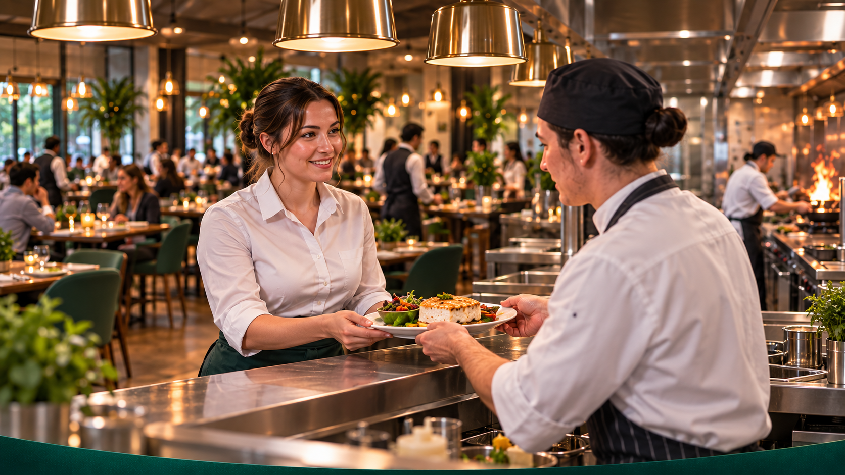 Chloe receives a plated meal from a chef across the service pass at Mason’s Riverside, with the restaurant behind her and the kitchen behind the chef.