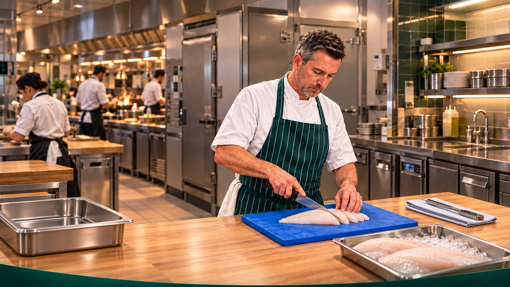Trevor prepares raw fish on a blue board at the east prep station in Mason’s Riverside kitchen, with the central walk-in store and hot line behind him.